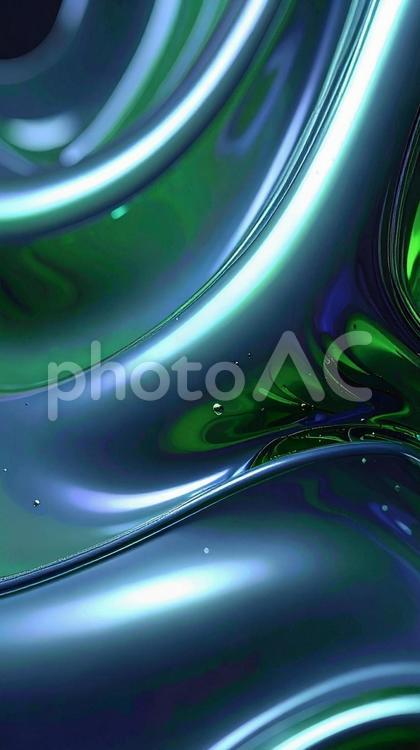 緑色のメタリックな流体金属　背景　縦型 緑,流体,金属の写真素材