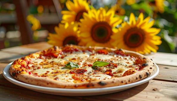 ピザとひまわりの写真