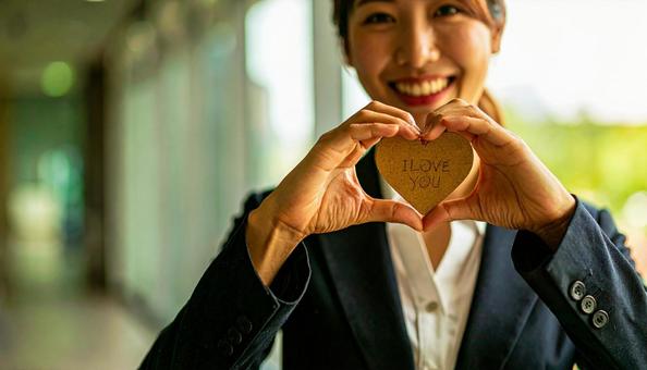手でハートマークを作る女性 手でハートマークを作る女性の写真