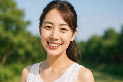 晴天の屋外で笑顔を見せる健康的な女性 晴天の屋外で笑顔を見せる健康的な女性の写真