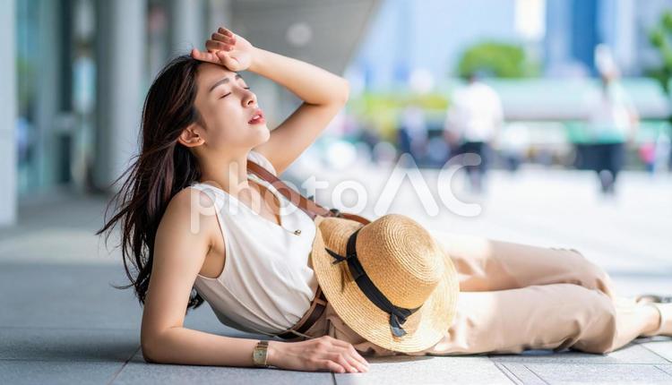 暑さでダウンし、路上に倒れる女性 ダウン,倒れた,女性の写真素材