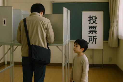 投票ブースと親子の写真