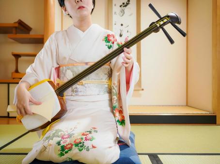33：和服で三味線を演奏する女性 三味線,着物,伝統芸能の写真素材