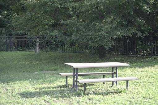 緑に包まれた公園のベンチの写真