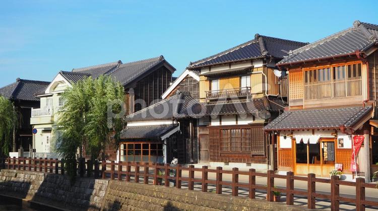 小江戸佐原の街並み・河畔の柳並木・香取市 佐原,小江戸,レトロの写真素材
