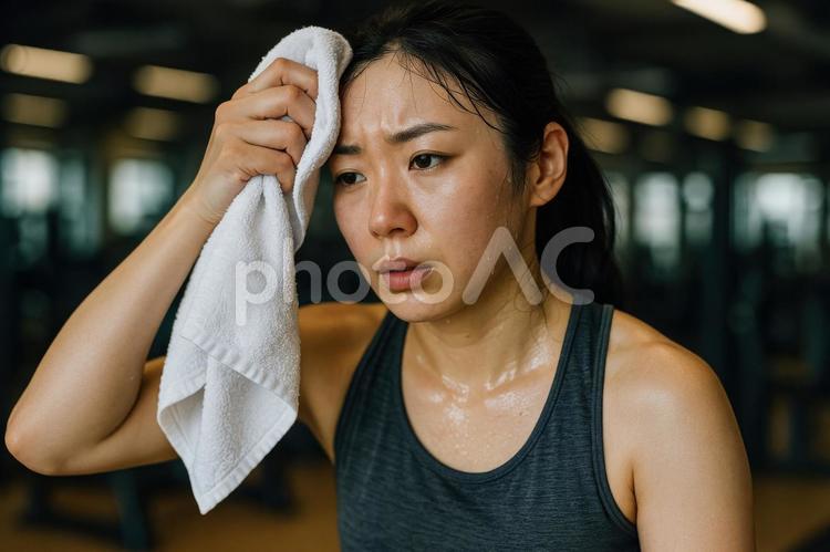 トレーニングの汗を拭く女性 女性,日本人,トレーニングの写真素材