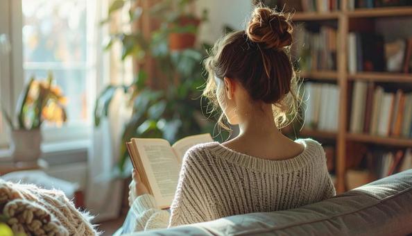 読書をする外国人女性の後ろ姿 読書をする外国人女性の後ろ姿の写真