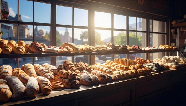 パン屋に並べられるたくさんのパン パン屋に並べられるたくさんのパンの写真