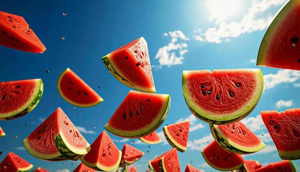 カットしたスイカと真夏の青空 カットしたスイカと真夏の青空の写真