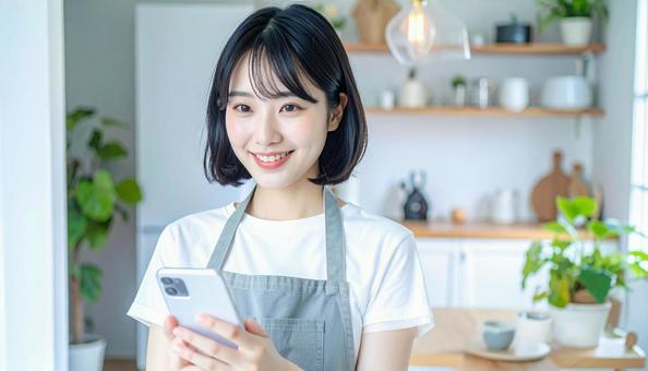 スマホでポイ活する笑顔の女性 スマホでポイ活する笑顔の女性の写真
