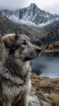 山岳風景の中に佇む美しい犬 山岳風景の中に佇む美しい犬の写真