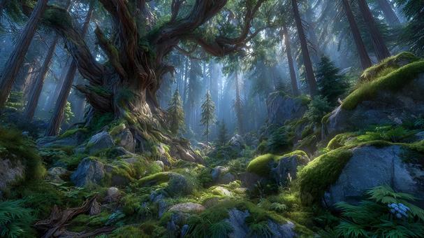 巨木と苔が織りなす幻想的な風景 巨木と苔が織りなす幻想的な風景の写真