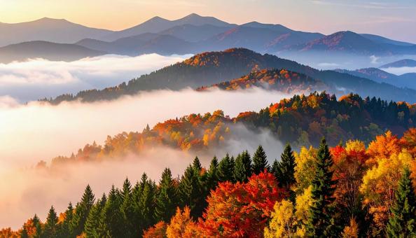 雲海に包まれる秋の紅葉山脈 雲海に包まれる秋の紅葉山脈の写真