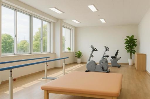 大きな窓から光が差し込むリハビリ室の写真