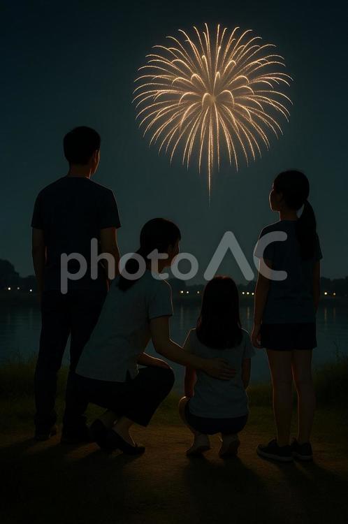 対岸から上る大玉の花火を鑑賞する家族 花火,fireworks,花火大会の写真素材