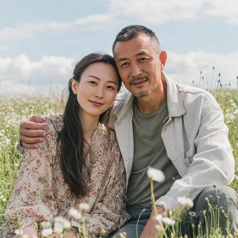 花畑で幸せそうに微笑む二人 花畑で幸せそうに微笑む二人の写真