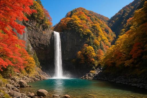 鮮やかな紅葉と滝 秋 絶景 旅行 登山 鮮やかな紅葉と滝 秋 絶景 旅行 登山の写真