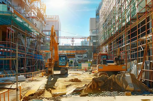 市街地の谷間に広がる建設現場と重機の写真
