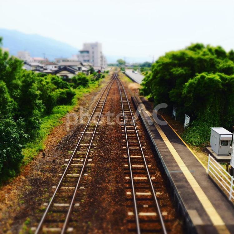 田舎の線路　ジオラマ風 線路,田舎,電車の写真素材
