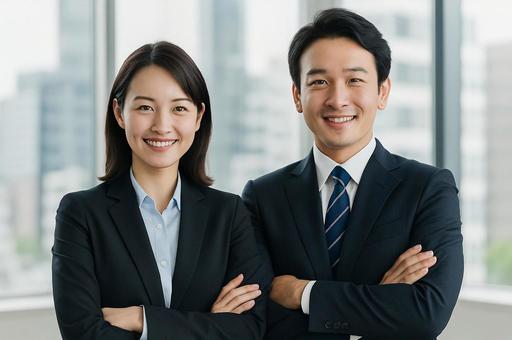 オフィスで微笑むスーツ姿のビジネスマン オフィスで微笑むスーツ姿のビジネスマンの写真