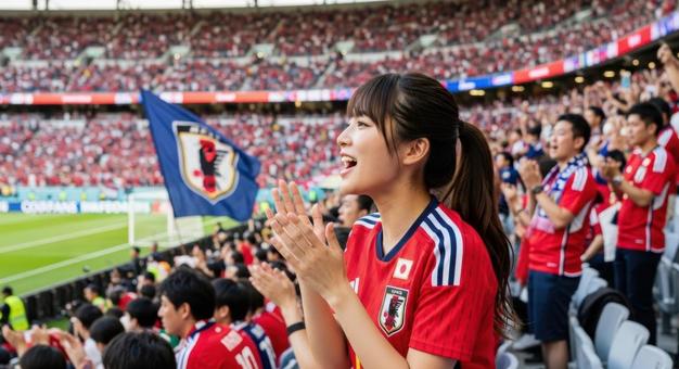 スタジアムで歓喜する女性サポーター スタジアムで歓喜する女性サポーターの写真
