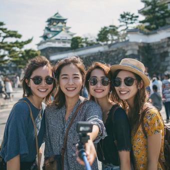 観光と文化を楽しむ笑顔の女性旅行者たち 観光と文化を楽しむ笑顔の女性旅行者たちの写真