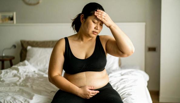 肥満で疲れやすく、額に手をやる女性 肥満で疲れやすく、額に手をやる女性の写真