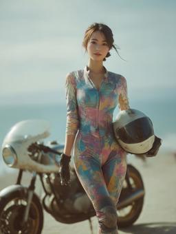 海辺のクラシックバイクと女性ライダー 海辺のクラシックバイクと女性ライダーの写真