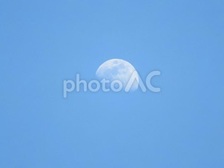 春の青空に見える昼の月 月,月空,空の写真素材