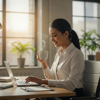 オフィスで働く笑顔のビジネスウーマンの写真