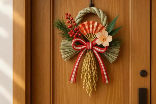 新年のしめ縄玄関飾り 新年のしめ縄玄関飾りの写真