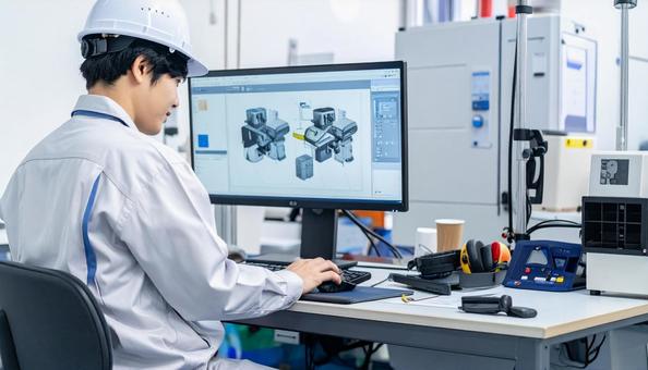 工場の三次元測定機を使う作業服の男性 工場の三次元測定機を使う作業服の男性の写真
