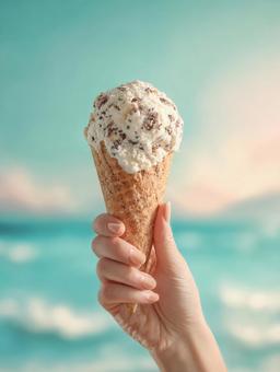 コーンに乗ったチョコミントアイスを持つ手 コーンに乗ったチョコミントアイスを持つ手の写真