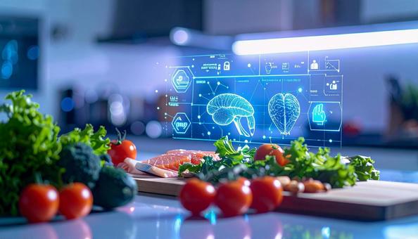 キッチンにホログラム　食材の接写の写真