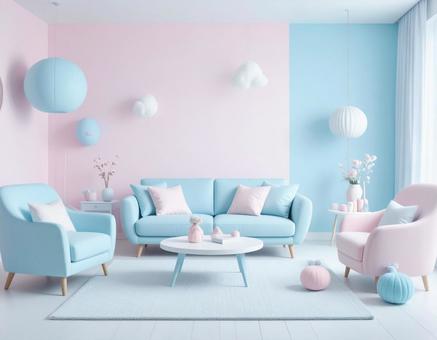 パステルカラーのリビングの写真