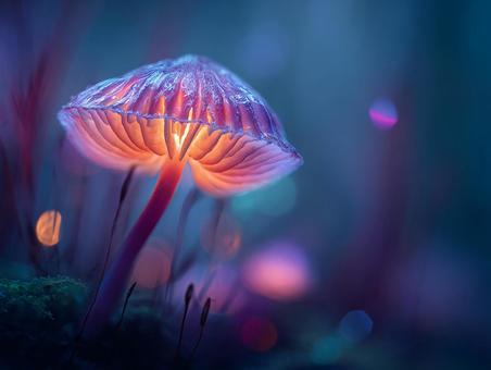 玉ボケと光に包まれたキノコのアップの写真