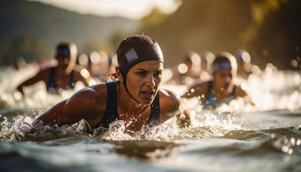 トライアスロン 一斉に水に飛び込む選手 トライアスロン 一斉に水に飛び込む選手の写真