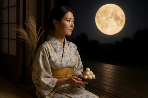 月見団子を持って縁側に座る女性 月見団子を持って縁側に座る女性の写真