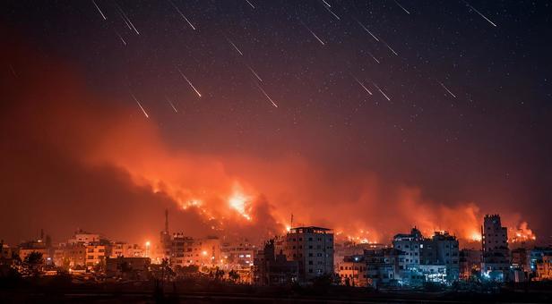流れ星が降り注ぐ中、煙る街並み 流れ星が降り注ぐ中、煙る街並みの写真