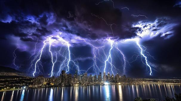 カミナリと夜景の写真