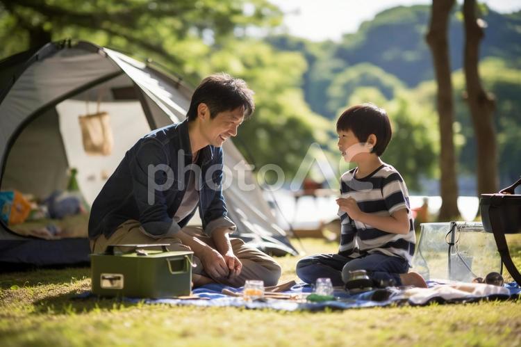 キャンプで過ごす親子の幸せな瞬間 キャンプ,家族,幸せの写真素材