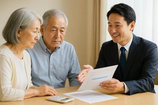 年金相談する老夫婦とFP 年金相談する老夫婦とFP の写真