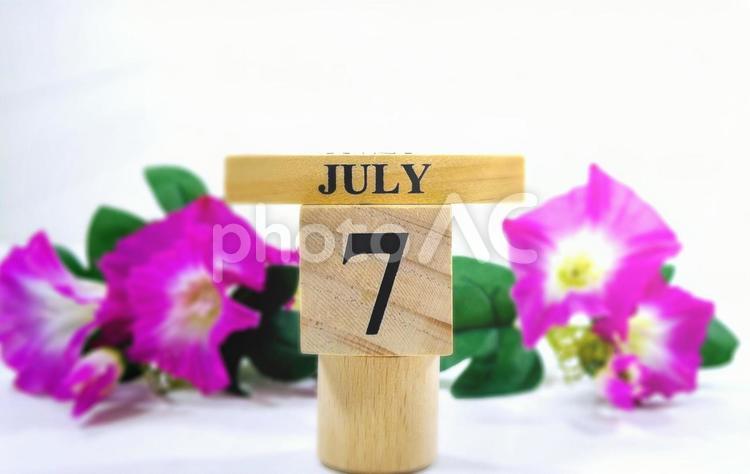 2024年7月、夏イメージ背景、朝顔 7月,カレンダー,ブロックの写真素材