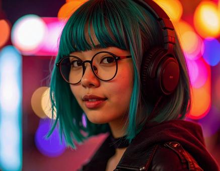 ヘッドホンをする女性 ヘッドホンをする女性の写真