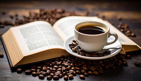 コーヒーと開いたフランス語の辞書 コーヒーと開いたフランス語の辞書の写真