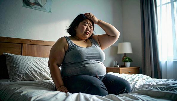 肥満で疲れやすく、額に手をやる女性 肥満で疲れやすく、額に手をやる女性の写真