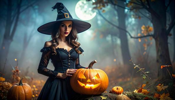ハロウィンかぼちゃと魔女　怪しい森の写真