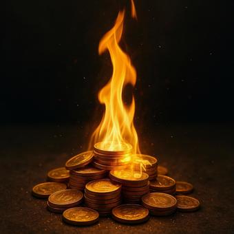 燃える資産(炎に包まれる金貨) 燃える資産(炎に包まれる金貨)の写真