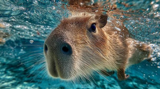 愛らしい表情で水中を漂うカピバラ 愛らしい表情で水中を漂うカピバラの写真