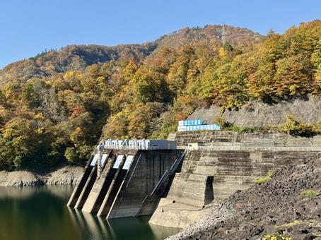 秋の福井県の九頭竜ダム　紅葉に色づく湖 秋,道路,晩秋の写真素材